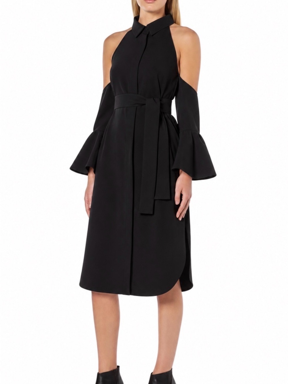 C/MEO COLLECTIVE “Show Me Shirt Black Cold Shoulder Bell Sleeve Midi Dress